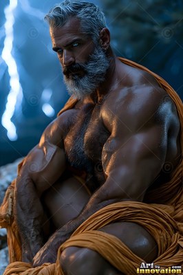 A gray-bearded strong man draped in orange cloth sits before blue lightning flashes