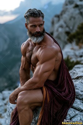A muscular gray-bearded man sits on a rocky cliff wrapped in purple cloth under cool evening light