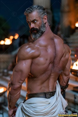 An athletic man with a gray beard turns around in a white wrap by torchlight