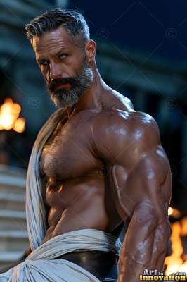 At a torchlit terrace, a strong man with a graying beard looks back