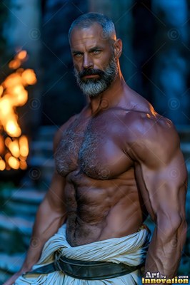 Standing shirtless at dusk, a muscular gray-full-bearded man looks forward near a fire