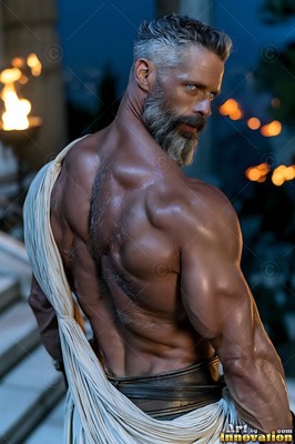 Muscular gray-bearded man looking over his bare shoulder