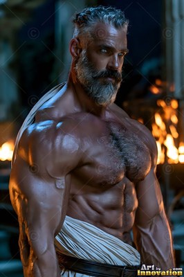 Gray-bearded muscular man standing shirtless near warm firelight inside a dark hall