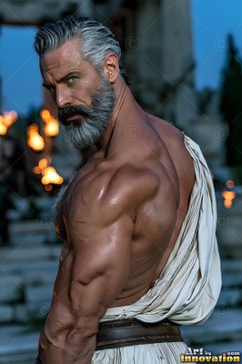 A well-built man looks back over his bare shoulder in warm torchlight