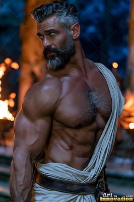 Turned sideways outside, a muscular full-bearded man looks over his shoulder in firelight