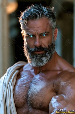A broad-shouldered man with a gray beard, bright blue eyes, and cloth over one shoulder