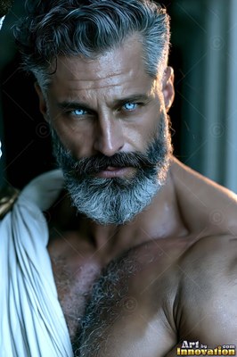 In dim shadow, a silver-bearded man with bright blue eyes wears a white cloth wrap