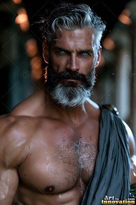 Looking forward, a muscular gray-haired man sporting a beard wears a dark cloth over one shoulder