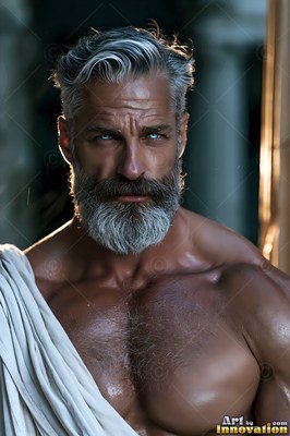 Well-built man with a graying beard and blue eyes in a white toga