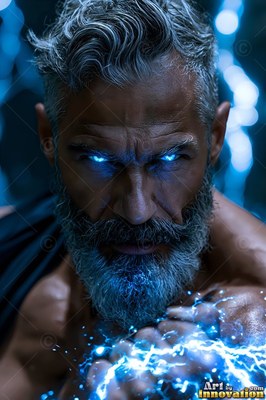 A gray-bearded man with bright blue eyes summons lightning in a dark storm