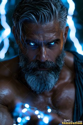 A man with a beard stares forward with bright blue eyes lit by pale lightning