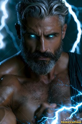 Facing forward, a man with a beard with blue eyes stands before lightning bolts