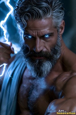 A full-bearded man with bright blue eyes grips a flash of white lightning in his hand