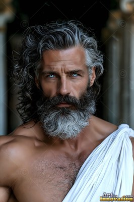 Before stone pillars, a gray-haired man sporting a beard draped in a white toga stares forward