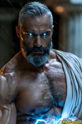 Staring ahead with bright blue eyes, a well-built man sporting a beard holds blue lightning in draped cloth