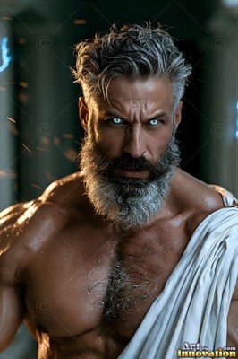 A muscular man with a silver beard and pale blue eyes wearing a white robe