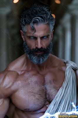 A draped cream robe hangs from the bare shoulder of a man in a dim stone colonnade