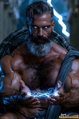 A broad-shouldered man with a silver beard holds crackling sparks between his open hands in bright blue light