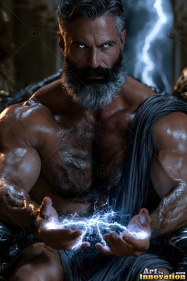 Seated on a dark throne, a muscular bearded man holds blue lightning in his hands