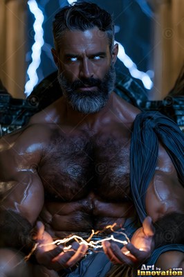 On a stone throne, a bearded strong man holds bright sparks in his open hands
