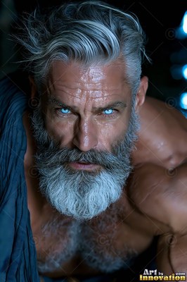 Leaning close with pale blue eyes, a shirtless man with a thick silver beard