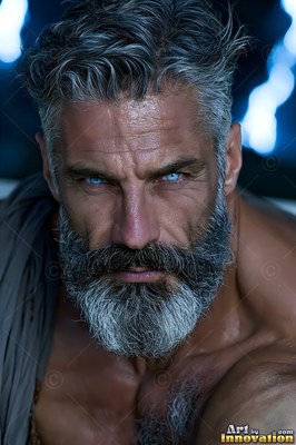 Close-up of a full-bearded man with bright blue eyes in the dark