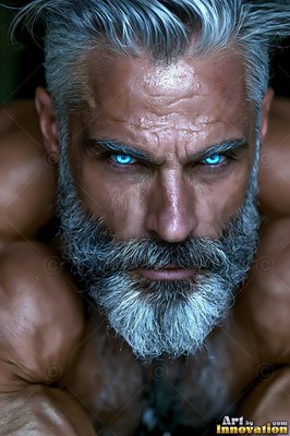Bright blue eyes stand out against dark shadows on a well-built man with gray hair