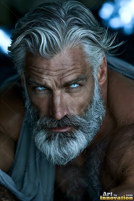 A silver-haired man stares ahead with bright blue eyes in cool shadow