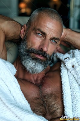 Leaning back on a sofa, a gray-haired man sporting a beard rests in an open white robe