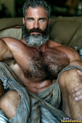 Muscular man with a pale gray beard resting on a couch draped in cloth