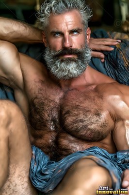 A full gray beard frames a strong man reclining against dark draped cloth in dim light