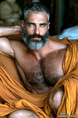 A gray-bearded man reclines in an orange cloth, his bright blue eyes catching the indoor light