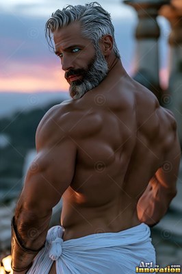 Seen from behind on a terrace, a strong man turns his head