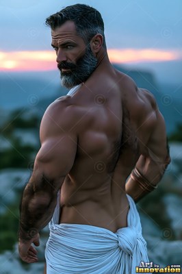 On a rocky hill at dusk, a strong man with a graying beard looks over his shoulder