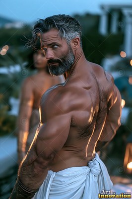 Looking over his shoulder, a muscular gray-bearded man wrapped in a white wrap stands outside