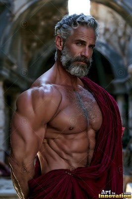 A muscular gray-full-bearded man in a red drape by stone arches