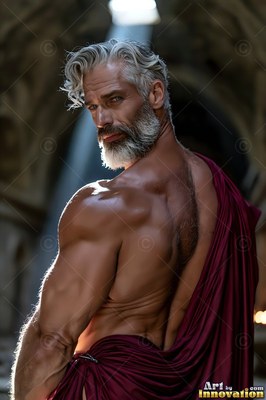 A silver-full-bearded man in a draped maroon cloth looks back inside a stone archway