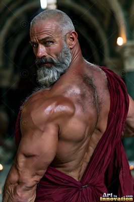 A gray-haired man sporting a beard looks back over his bare shoulder draped in a deep red robe