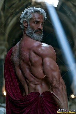 Turned away in a dark stone hall, a silver-bearded man looks back in red cloth