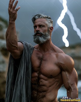 A muscular silver-man who has a beard raises his hand under white lightning in a storm