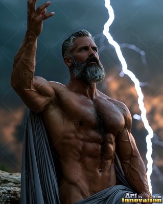 Before a storm, a bearded muscular man looks up as lightning flashes