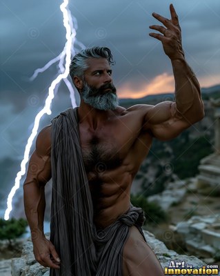 Raising his hand toward lightning, a muscular silver-bearded man stands on a cliff