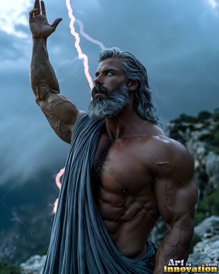 A muscular man with gray hair raises his hand toward lightning outdoors