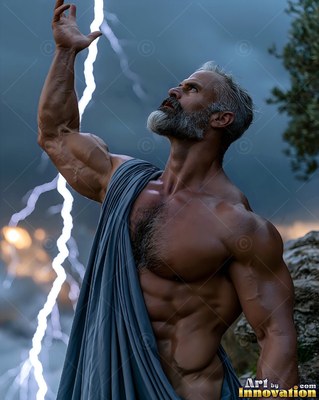 Draped in a blue robe, a muscular man reaches toward lightning in a dark storm