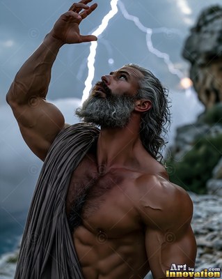 A well-built man reaches toward white lightning against a gray stormy sky