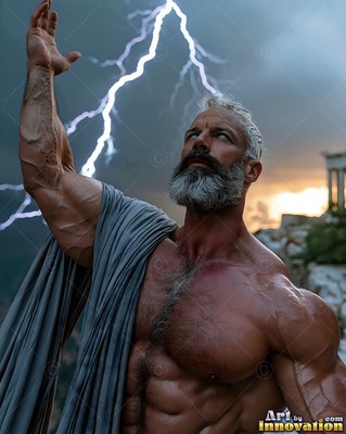 A well-built man raises his hand toward lightning on a stormy mountain terrace