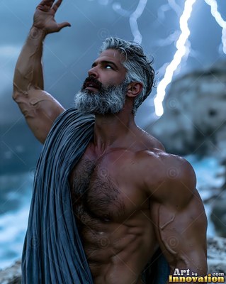 A broad-shouldered man with a gray beard raises his hand toward bright lightning in the blue sky