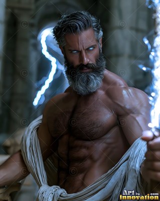 In a stone hall, a muscular bearded man with blank white eyes holds lightning