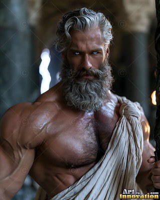 Staring forward, a muscular silver-bearded man wears a cream toga near stone pillars
