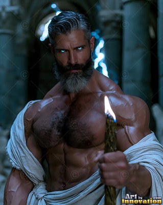 Strong man with a silver beard holding a small flame